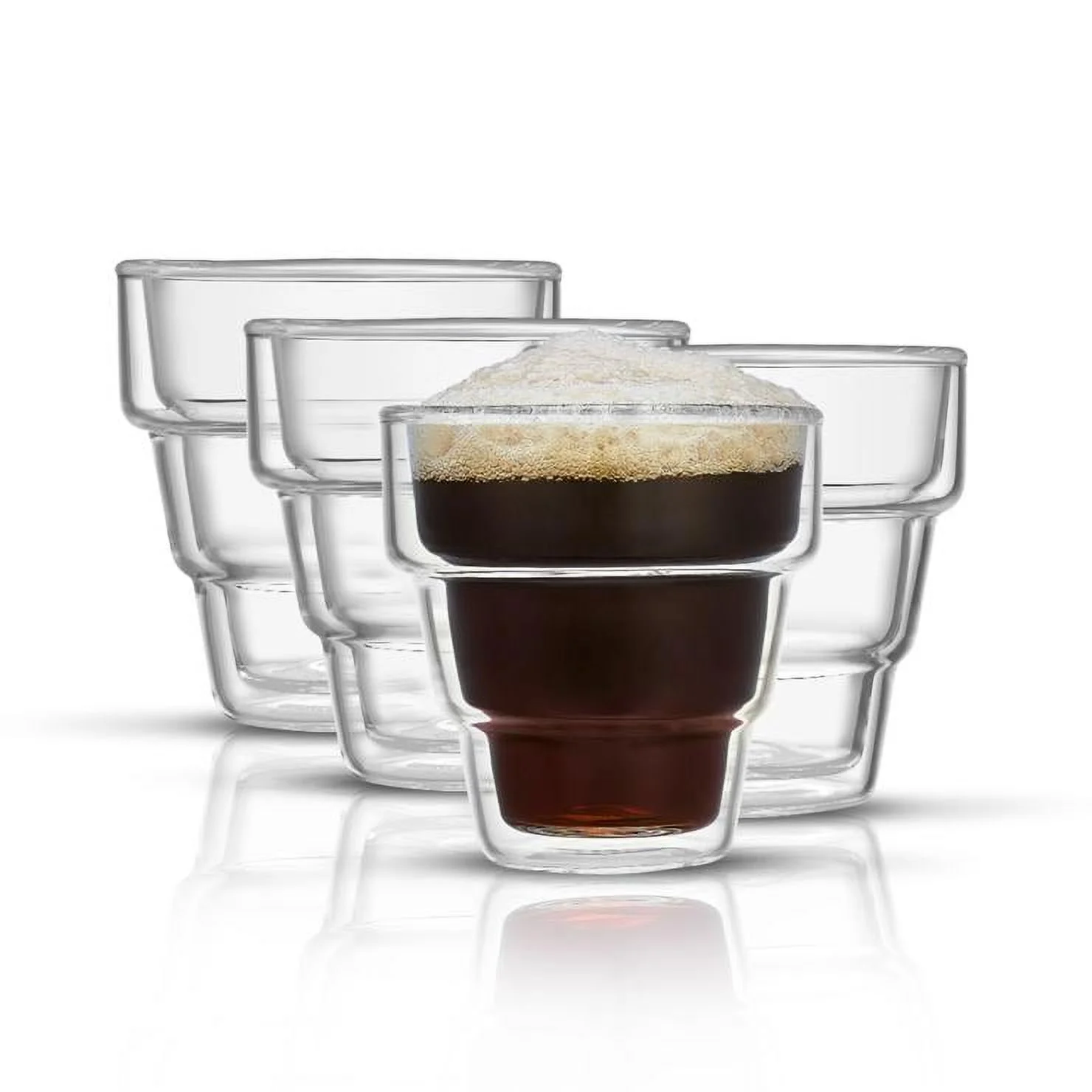 JoyJolt Palo Double Wall Tiered Glass Espresso Mugs (Set of 4) Clear Stackable Espresso Glass Cups