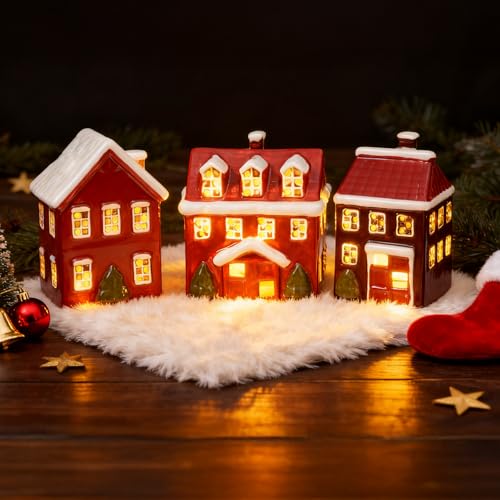 WDS WONDROUS Ceramic Christmas Village Houses Red, Sets of 3 Lighted Houses Hand Painted, Indoor Red and White Xmas Houses Village Decor for Home Table Room Farmhouses