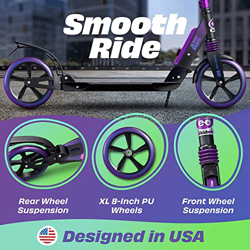 Skidee Adult & Teen Scooter Adjustable Height, Folding, Large Wheels, Lightweight, Durable, Anti-Shock Suspension, Up to 220 lbs