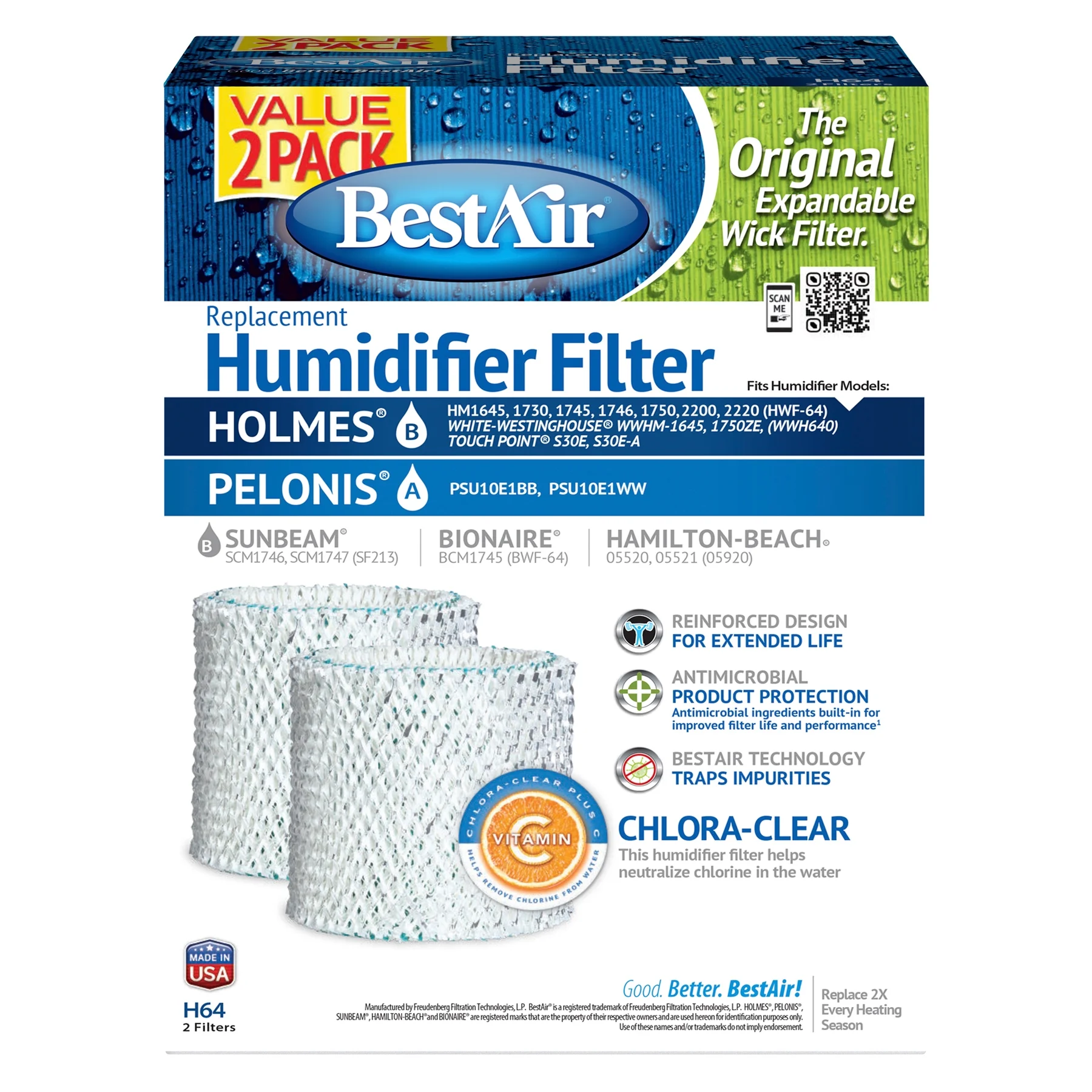 BestAir® H64 Value 2 Pack Humidifier Replacement Paper Wick Filter for Holmes Machines Wt: 0.6 lb