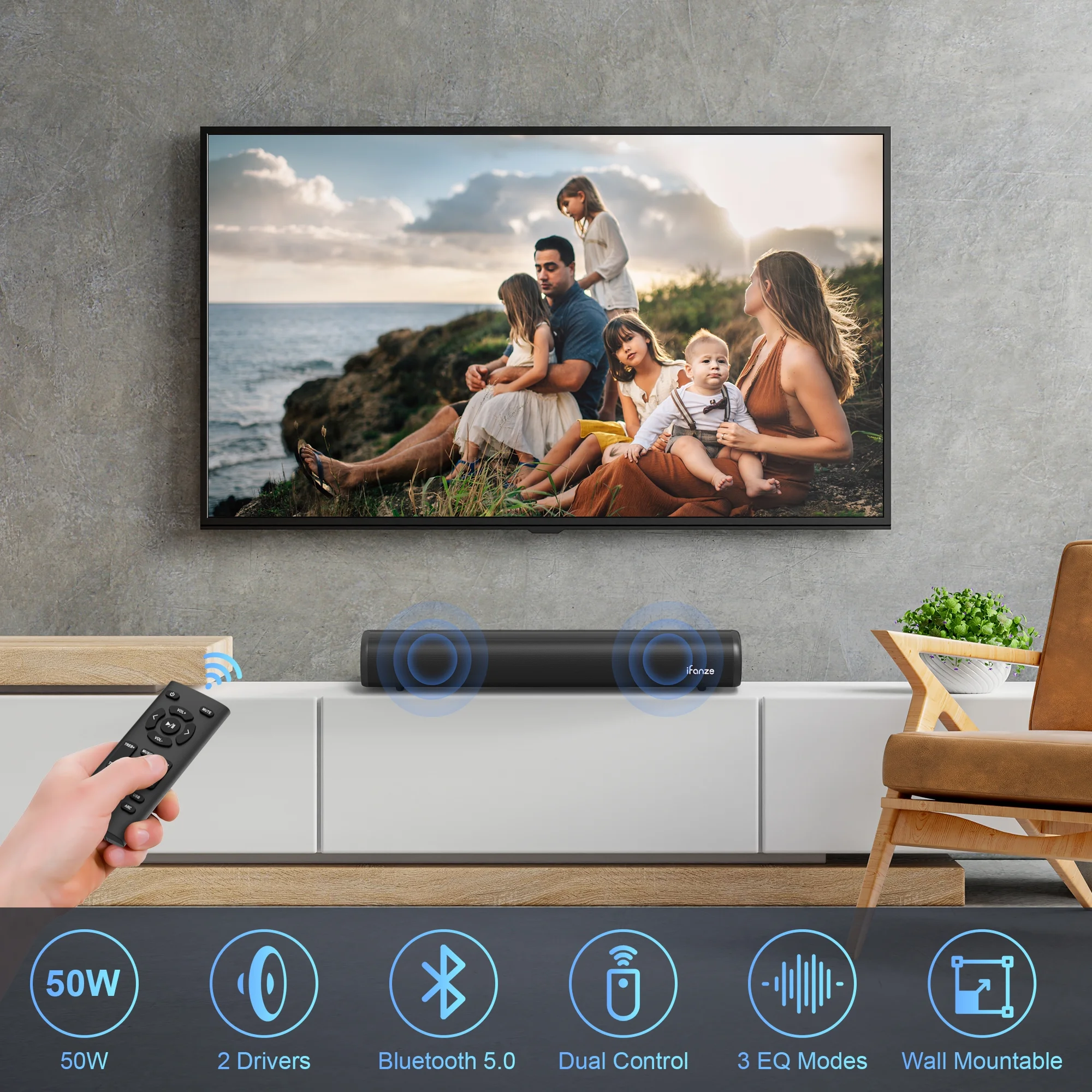 Sound Bar for TV, Bluetooth 5.0/HDMI-ARC/Optical/AUX/Coaxial/USB Wired & Wireless Connection Soundbar, Surround Sound System Smart TV Sound Bar with Built-in Subwoofers, Remote Control