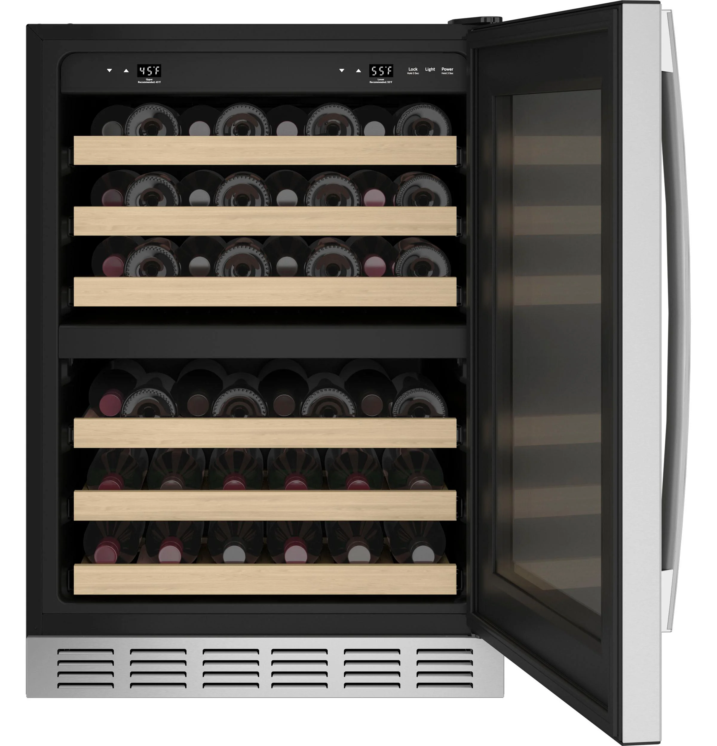 24 Inch Dual Zone Wine Cooler with 44 Bottle Capacity, 6 Sliding Wine Racks, Recessed LED Lighting,