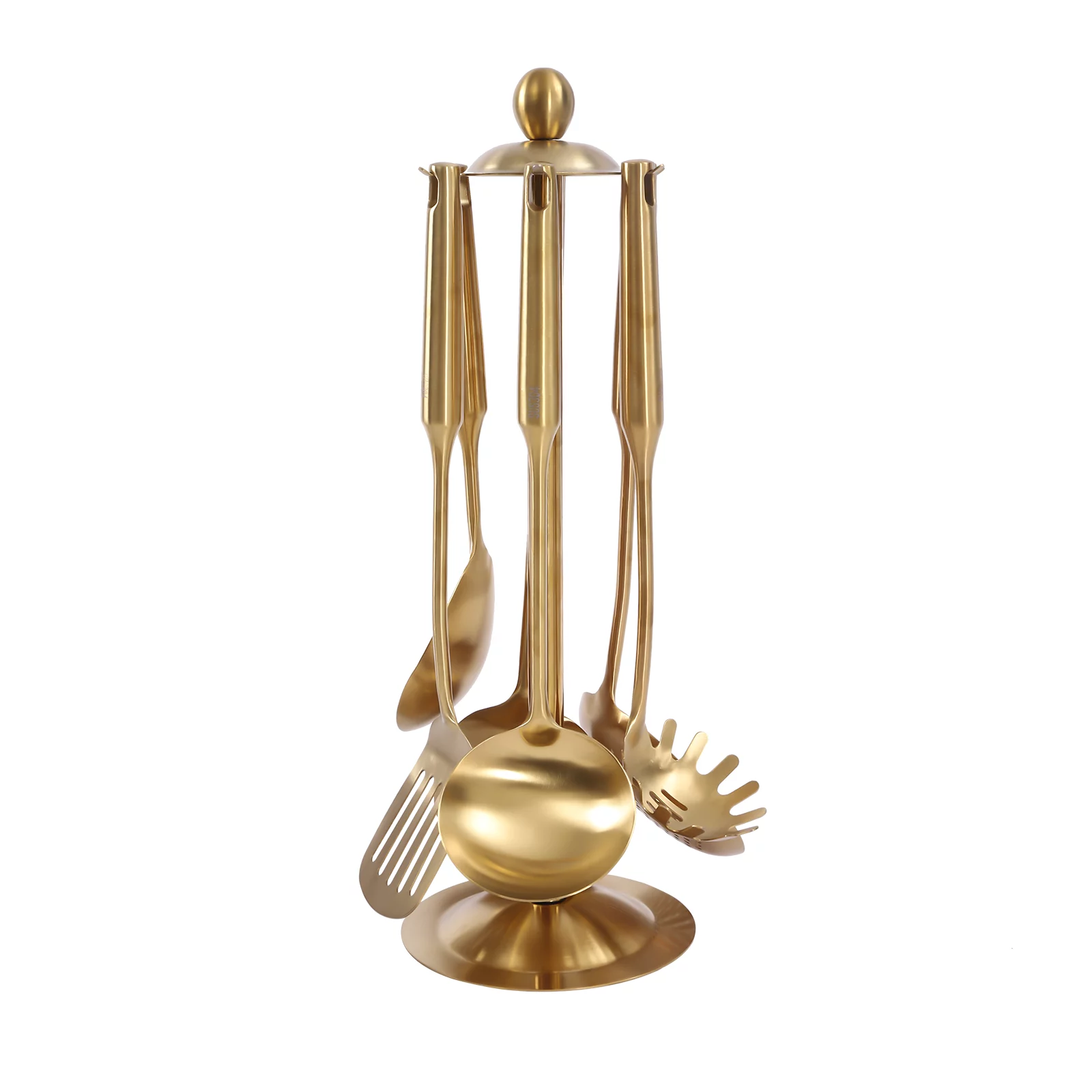 OUKANING 7Pcs Gold Stainless Steel Cookware Kit Kitchen Cooking Utensil Set Anti-corrosion with Utensil Stand