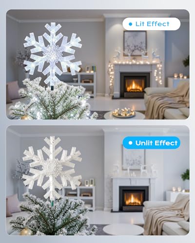 Brightown-Christmas-Tree-Topper-Star-Lighted, 3D Snowflake Snow Cool White Christmas Tree Star Topper with Lights Built-in 15 Bulbs Plug in Vintage Classic Indoor New Year Xmas Decorations Ornaments