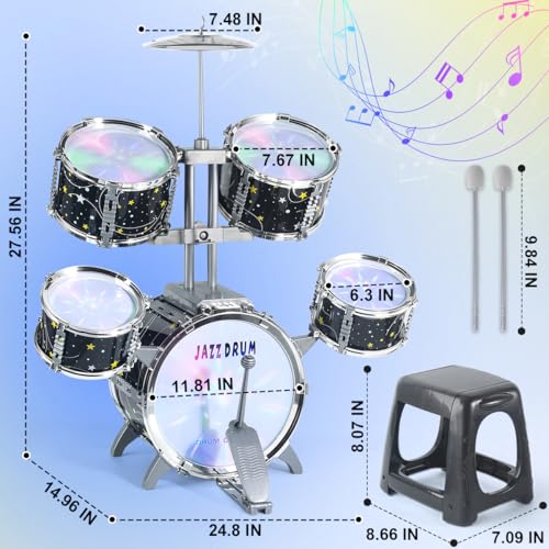 Kids Drum Set for Toddlers 1-3, Upgraded Jazz Drum Set for Kids, Musical Instrument Toys & Lights & All Plastic, Percussion Beginner kit for Boys Girls Toddlers Aged 3-5 5-7