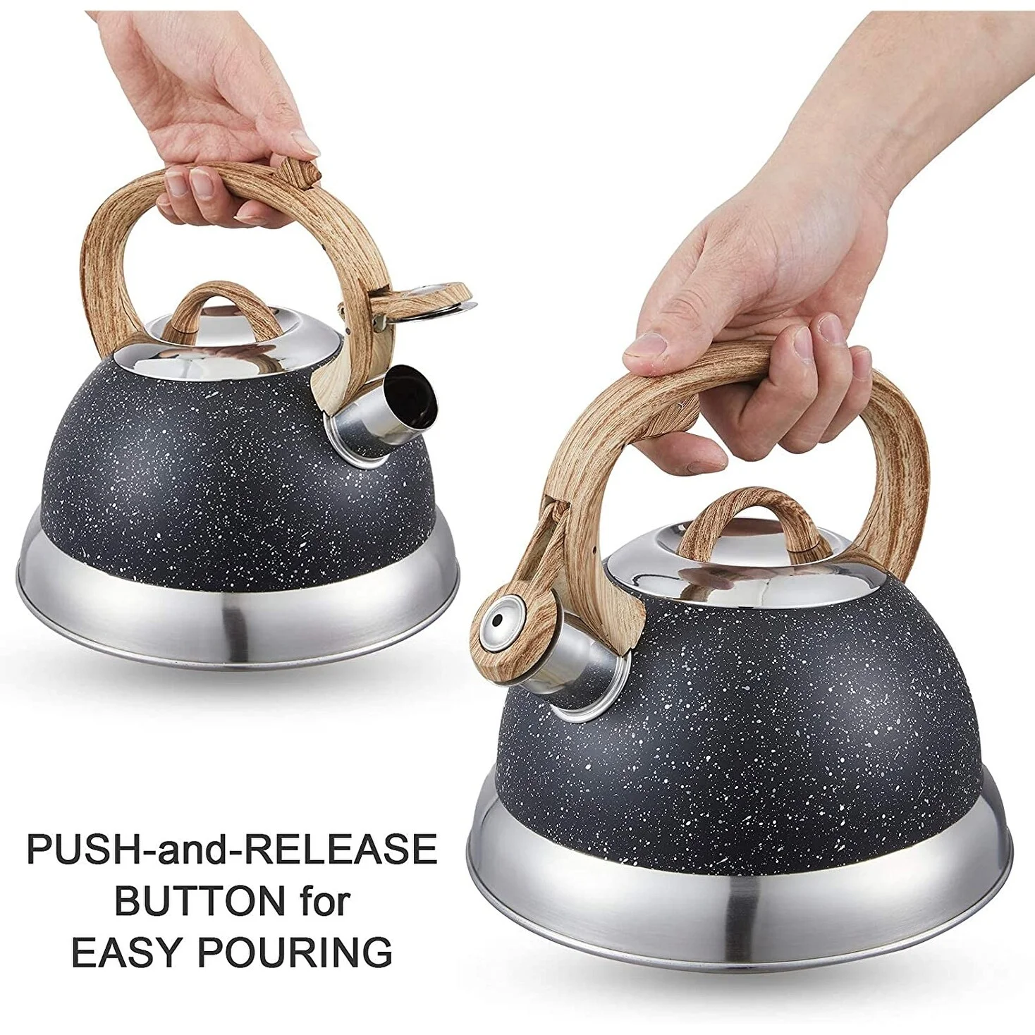 EVCO International Inc. Creative Home 2.3 Qt. Stainless Steel Whistling Tea Kettle with Ergonomic Wood Rubber Touching Handle, Opaque Black with