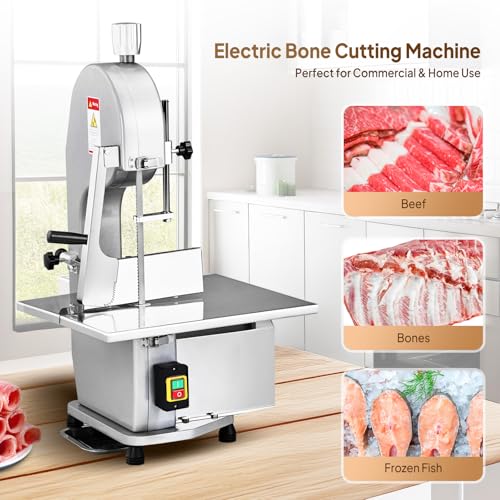 ROVSUN 750W Electric Bone Saw Machine,0.16-7.9Inch Cutting Thickness Frozen Meat Cutter with 6 Saw Blades, Commercial Bandsaw Machine Stainless Steel 18.5 x 12.4 In Table for Chicken Fish Beef