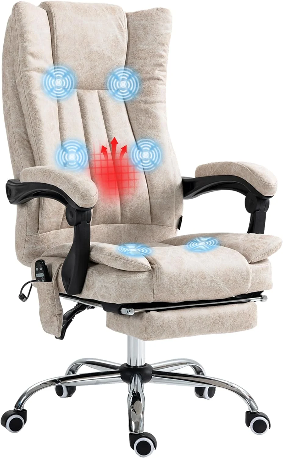 Microfiber Office Chair, High Back Computer Chair With 6 Point Massage, Heat, Adjustable Height And Retractable Footrest, Cream White