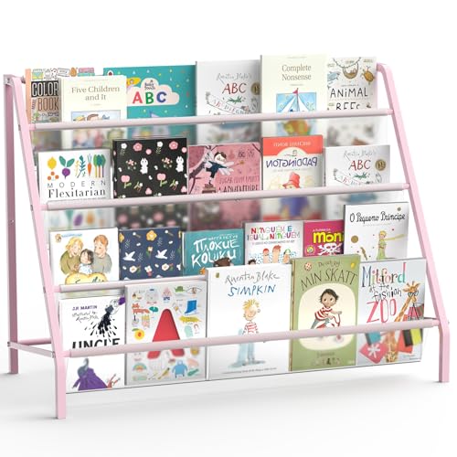 High-Transparent 4 Tier Kids Bookshelf, Sturdy Metal Large Size Book Rack Storage for Kids - Toddler Book Shelf Display for Nurasery, Kids Room, Deep Size Bookshelf Hold More Books