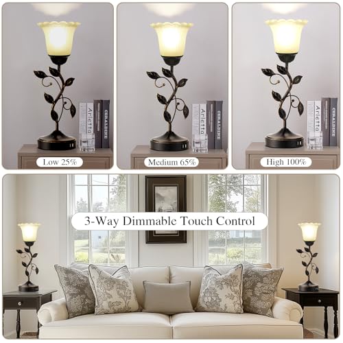RORIANO Set of 2 Touch Bedside Vintage Lamps with 2 USB Ports, 3-Way Dimmable Flower Lamps, White Glass Shade Rustic Leaf Lamp for Bedroom Side Table, LED Bulb Included