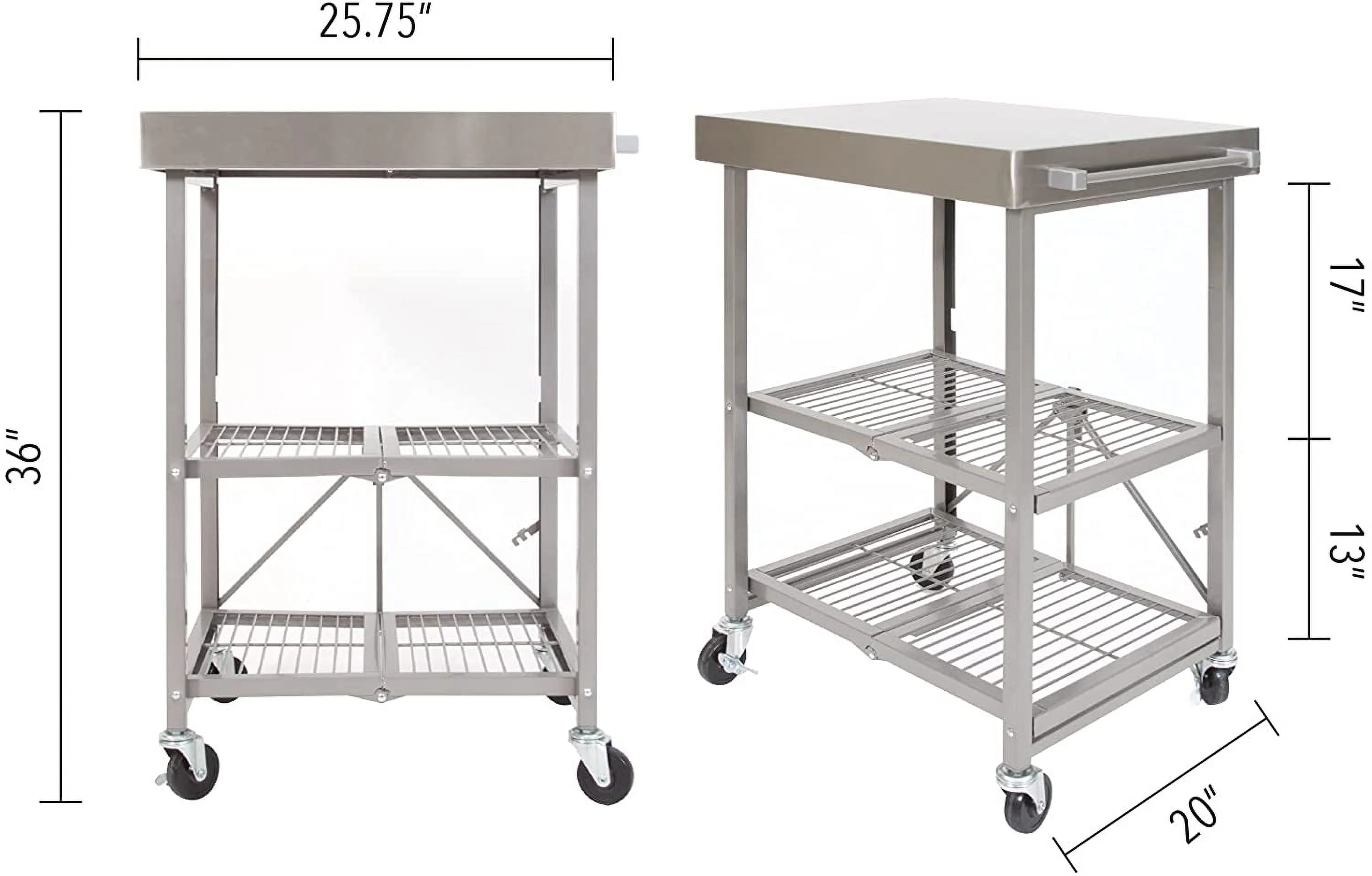 WAGEE Stainless Steel Table with Wheels, 3-Tier Foldable Rolling Cart Made of Commercial-Grade Metal - Stainless Steel Kitchen Island Design for Chefs Food Prep
