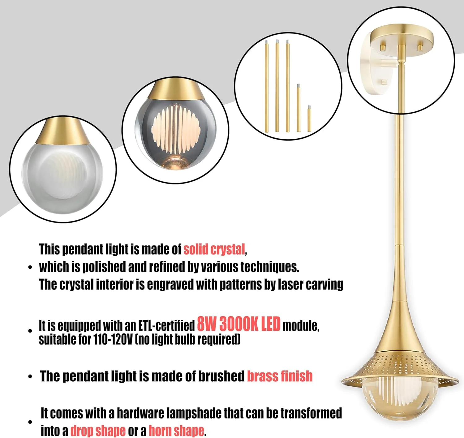 WANHUI Gold Crystal Pendant Lights with Shade, 8W Led Kitchen Light Fixtures, Small Hanging Ceiling Over Island Lights, Globe Modern Pending Lighting for Bathroomm, Dining Room, Bar