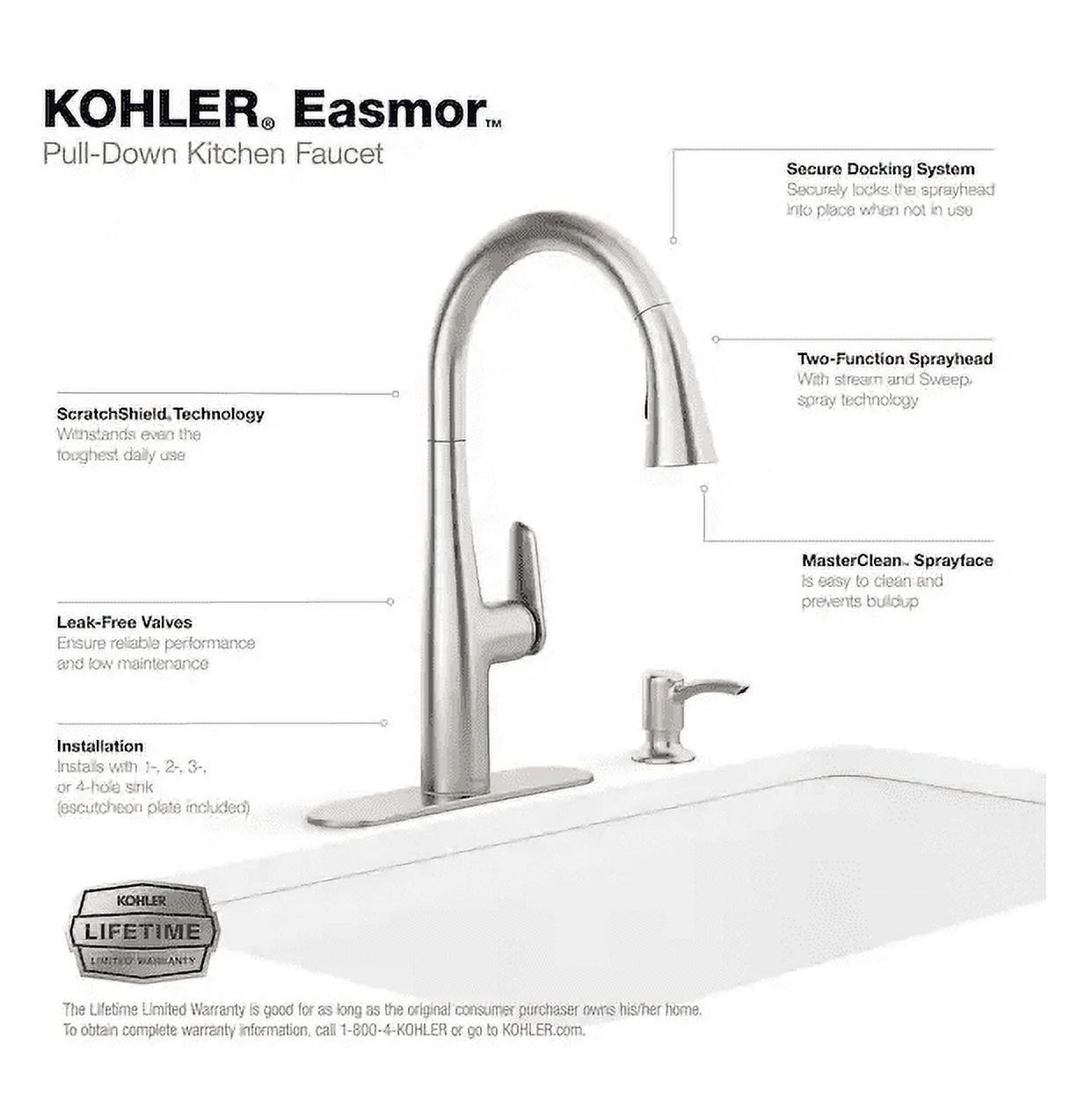 KOHLER Pull Down Sprayer Kitchen Faucet Easy-to-Clean Metal Vibrant Stainless
