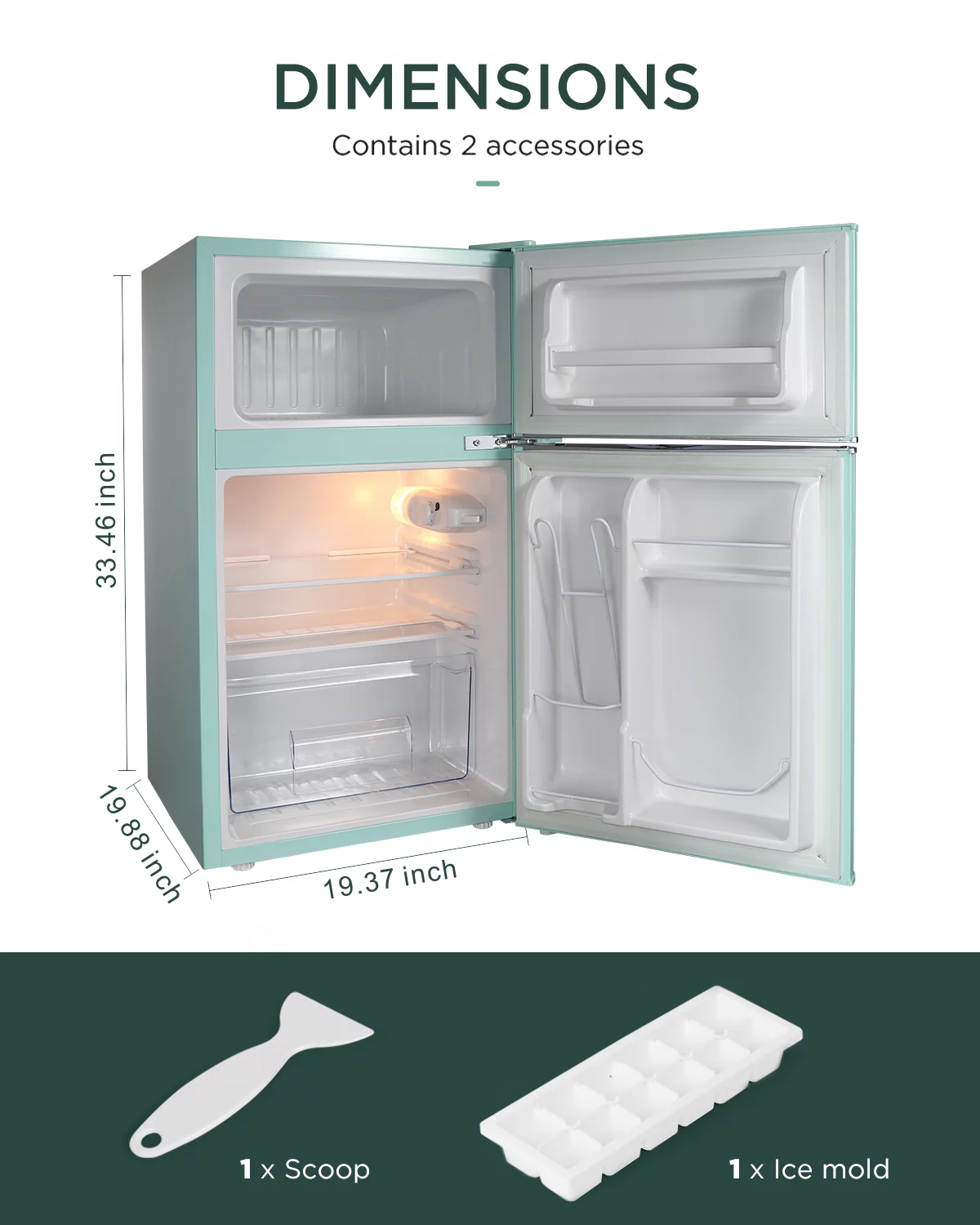 Northair 3.2 Cu ft Compact Mini Refrigerator Separate Freezer, Small Fridge Double 2-Door Adjustable Removable Retro Stainless Steel Shelves,Green