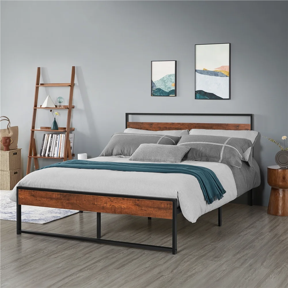 Yaheetech Rustic Metal Platform Bed with Wooden Headboard and Footboard, Queen Size, Mahogany