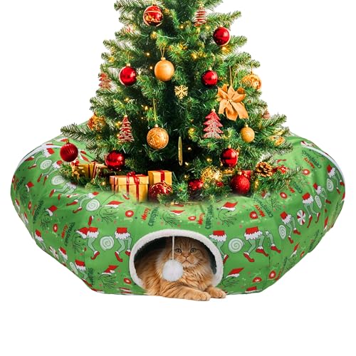 Cat Tunnel Christmas Tree Skirt Bed, Green Monster Christmas Decoration for Indoor Festive Felines Small Animals
