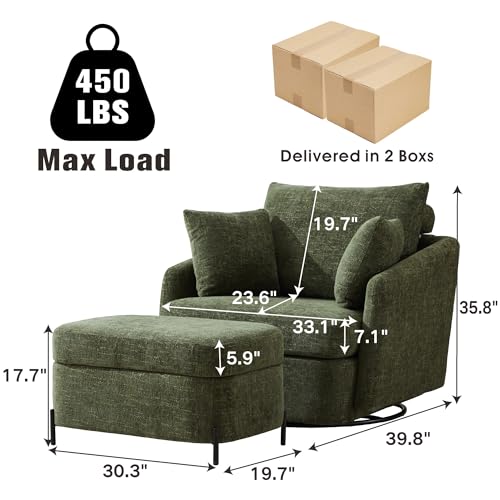 Sinzho & Wiyfun Oversized Swivel Accent Chair with Ottoman Upholstered Large Chenille Arm Chair with 3 Pillows for Living Room, Green