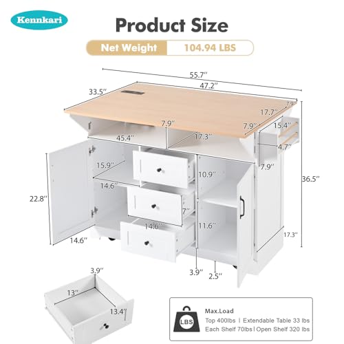 Rolling Kitchen Island with 2 Drop Leaf and Power Outlet, Island Table on Wheels with Towel Rack and Spice Rack, Kitchen Cart with Storage Cabinet and Drawers (White)