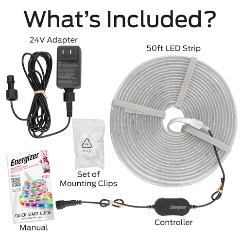 Energizer Smart Indoor & Outdoor RGB+IC+WW LED 50 Foot Light Strip, Sound Reactive, IP65 Waterproof, Remote Access App & Voice Control with Alexa, Siri, Google, Grouping, Scheduling, Wi-Fi No Hub