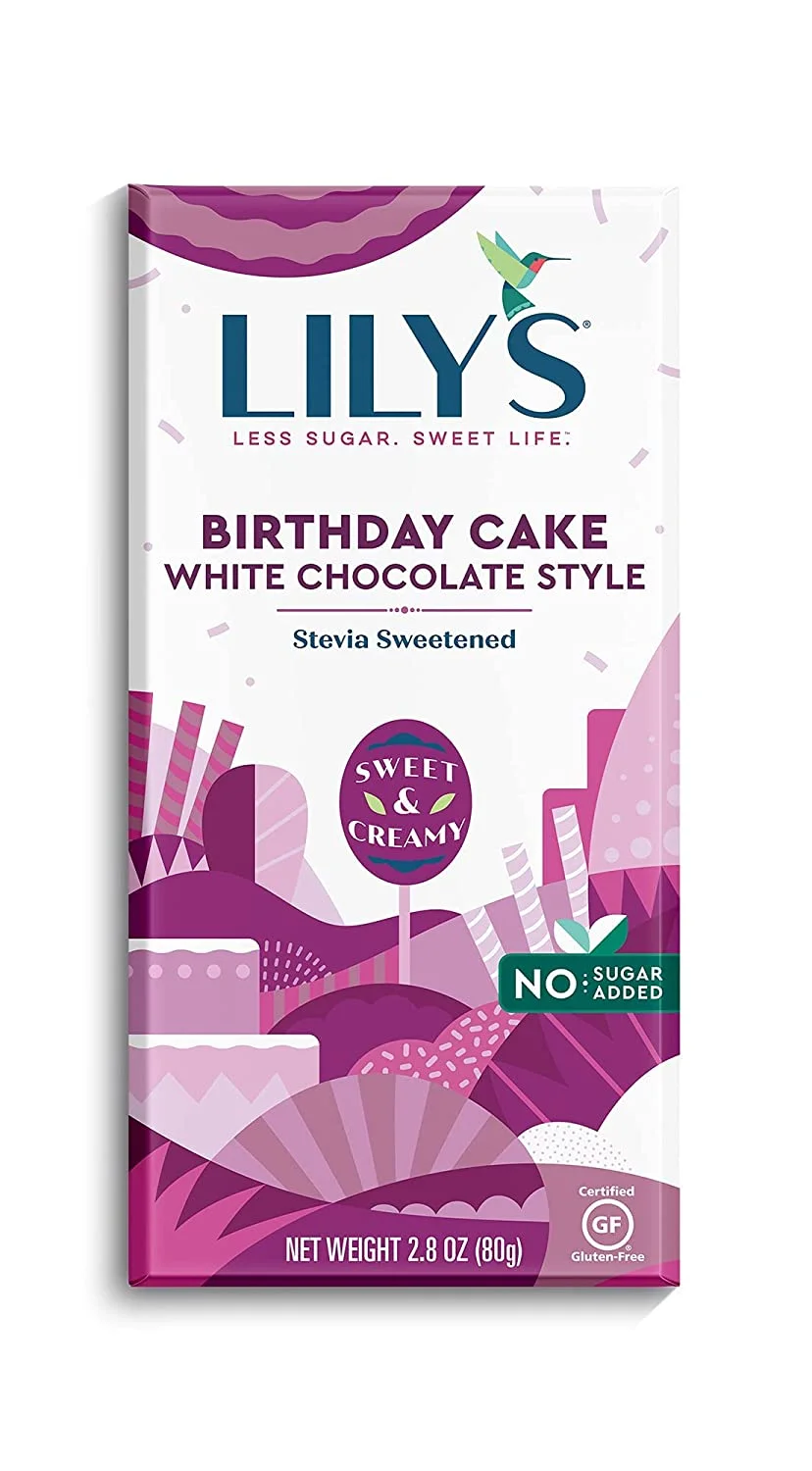 Birthday Cake White Chocolate Style Bar By Lily's Sweets | Made with Stevia, No Added Sugar, Low-Carb, Keto Friendly | Gluten-Free & Non-GMO 4pc