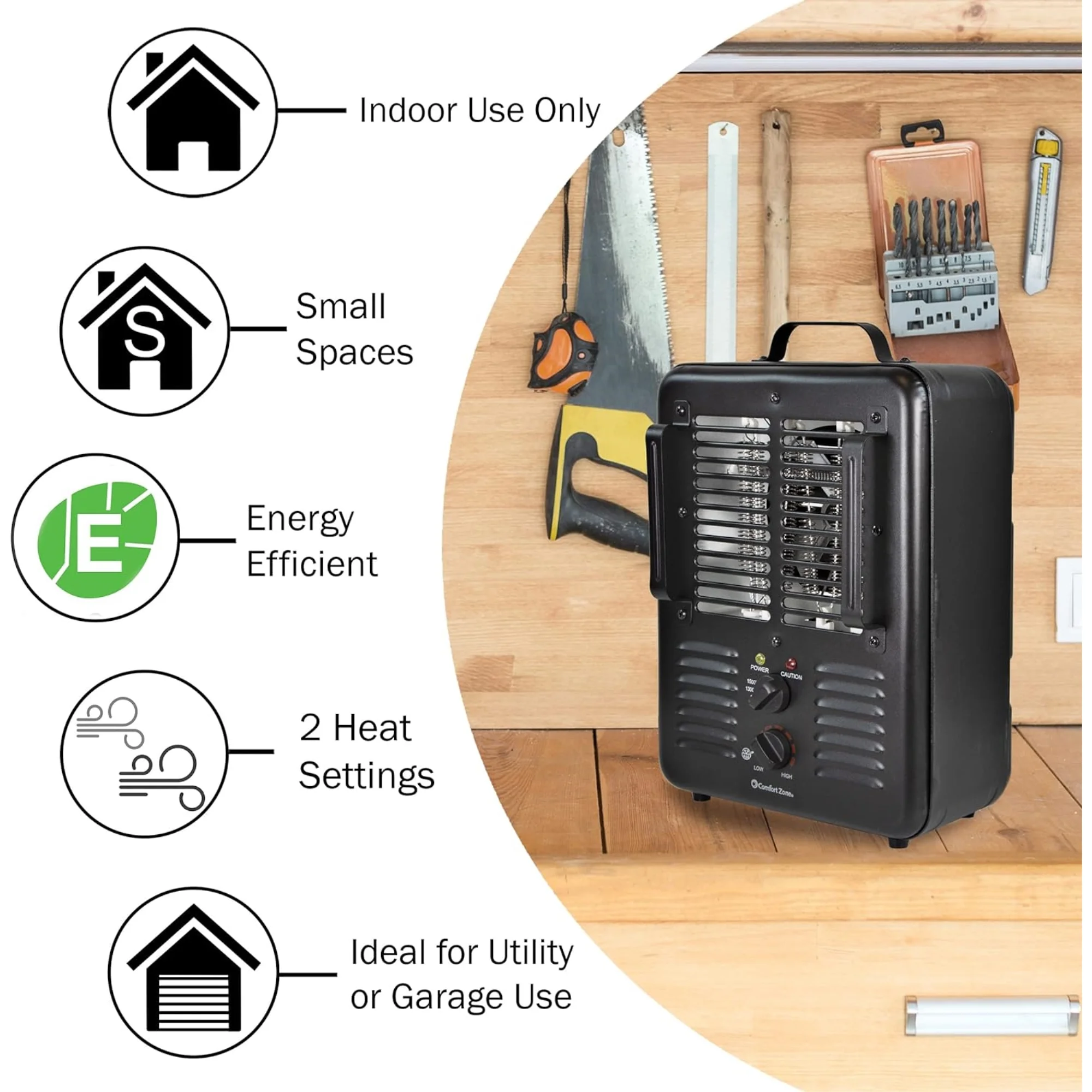 Comfort Zone 1,500-Watt Milkhouse Style Electric Portable Utility Heater with Adjustable Thermostat, Overheat Protection, 3-Prong Plug, and Safety Tip-Over Switch, Black
