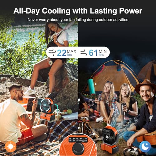 Odoland 40000mAh Camping Fan with LED Light, Battery Operated Oscillating Desk Fan with Remote & Hook, Rechargeable Outdoor Tent Fan with Timer for Hurricane Power Outage Travel Jobsite RV, Orange