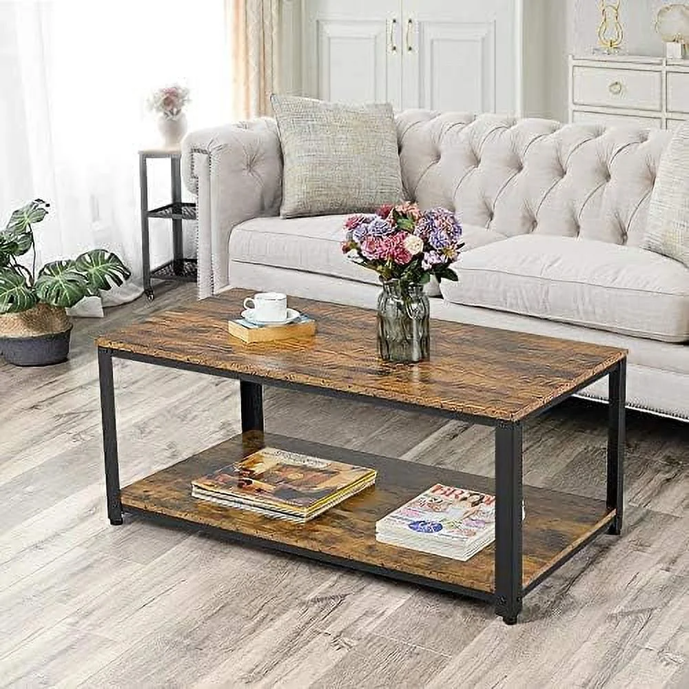 Industrial Living Room 3-Piece Table Sets - Includes Coffee Table & Two End Sofa Side Tables, Wood Home Accent Furniture, Easy Assembly, Rustic Brown