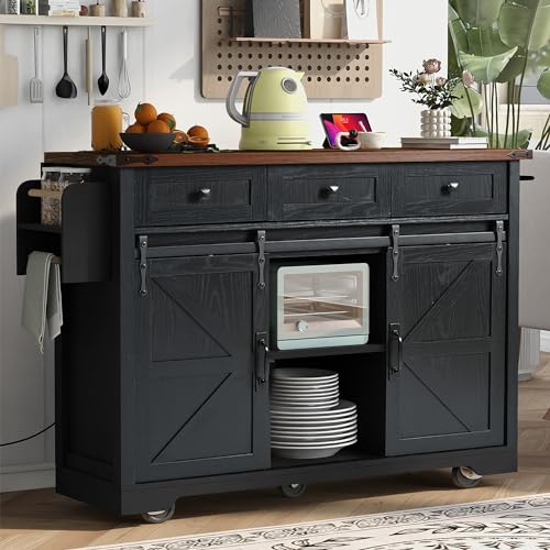 Amposei Farmhouse Kitchen Island on Wheels with Drop Leaf & Power Outlet, 53.7-Inch Rolling Storage Island Cart Breakfast Bar with Drawers, Sliding Barn Door Cabinets, Spice Rack (Black)