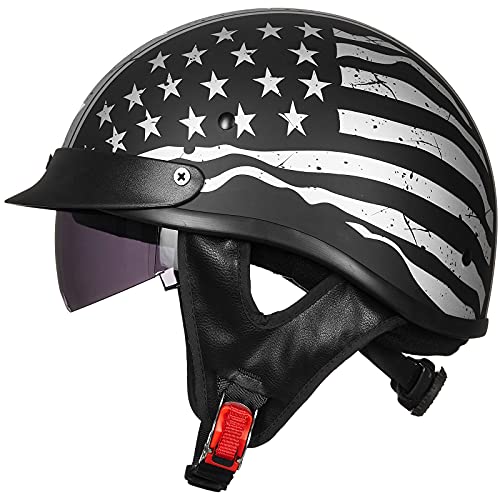 ILM Half Helmet Motorcycle Open Face Sun Visor Quick Release Buckle DOT Approved Cycling Motocross Suits Men Women 205V (M, Matt Black)