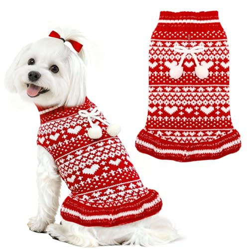Dog Christmas Sweater Dress with Leash Hole Turtleneck Xmas Girl Dog Clothes Soft Pet Dogs Outfits Warm Fall Winter Puppy Knitted Pullover for Small Medium Dogs Cats（Red Heart,Small