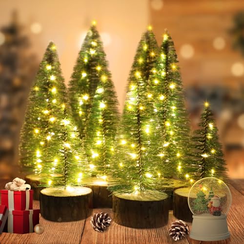4 PCS Mini Christmas Trees, Artificial Bottle Brush Trees with 2 Modes Timer LED String Lights, Button Cell Battery Powered Desktop Small Pine Trees with Wooden Base for Home Xmas Decor (Warm White)
