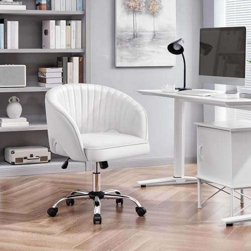 Yaheetech Cute Desk Chair Velvet Vanity Chair with Wheels Home Office Upholstered Modern Swivel Armchair with Tufted Barrel Back for Study, Vanity, Bedroom Cream
