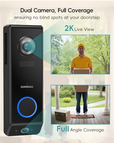 ZUMIMALL Dual Lens Doorbell Camera with Chime, 2K HD Video Doorbell Wireless Battery Solar Powered, No Monthly Fees, Wireless/Wired Installation, 2-Way Talk/IP65/Cloud/Alexa/PIR/AI/2.4G WiFi