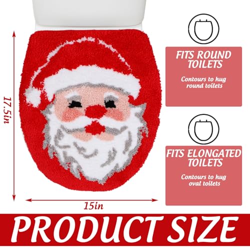 Christmas Toilet Seat Cover Red Santa Soft Absorbent Plush Tufted Toilet Lid Cover Adjustable Washable Rubber Backing Covers for Xmas Holiday Bathroom Decor