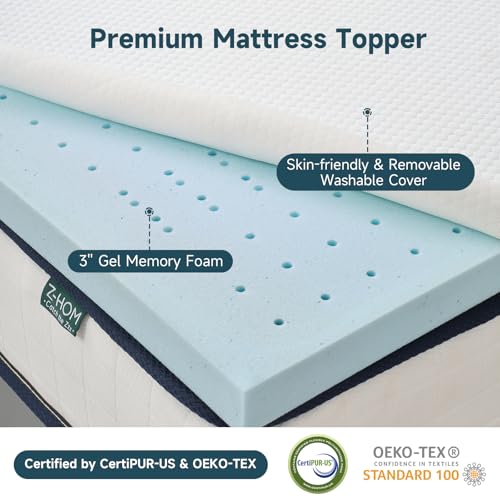 3 Inch Queen Memory Foam Mattress Topper, Cooling Gel Bed Topper with Premium Removable Skin-Friendly Non-Slip Cover, High Density Ventilated Mattress Pad CertiPUR-US & Oeko-Tex Certified, White