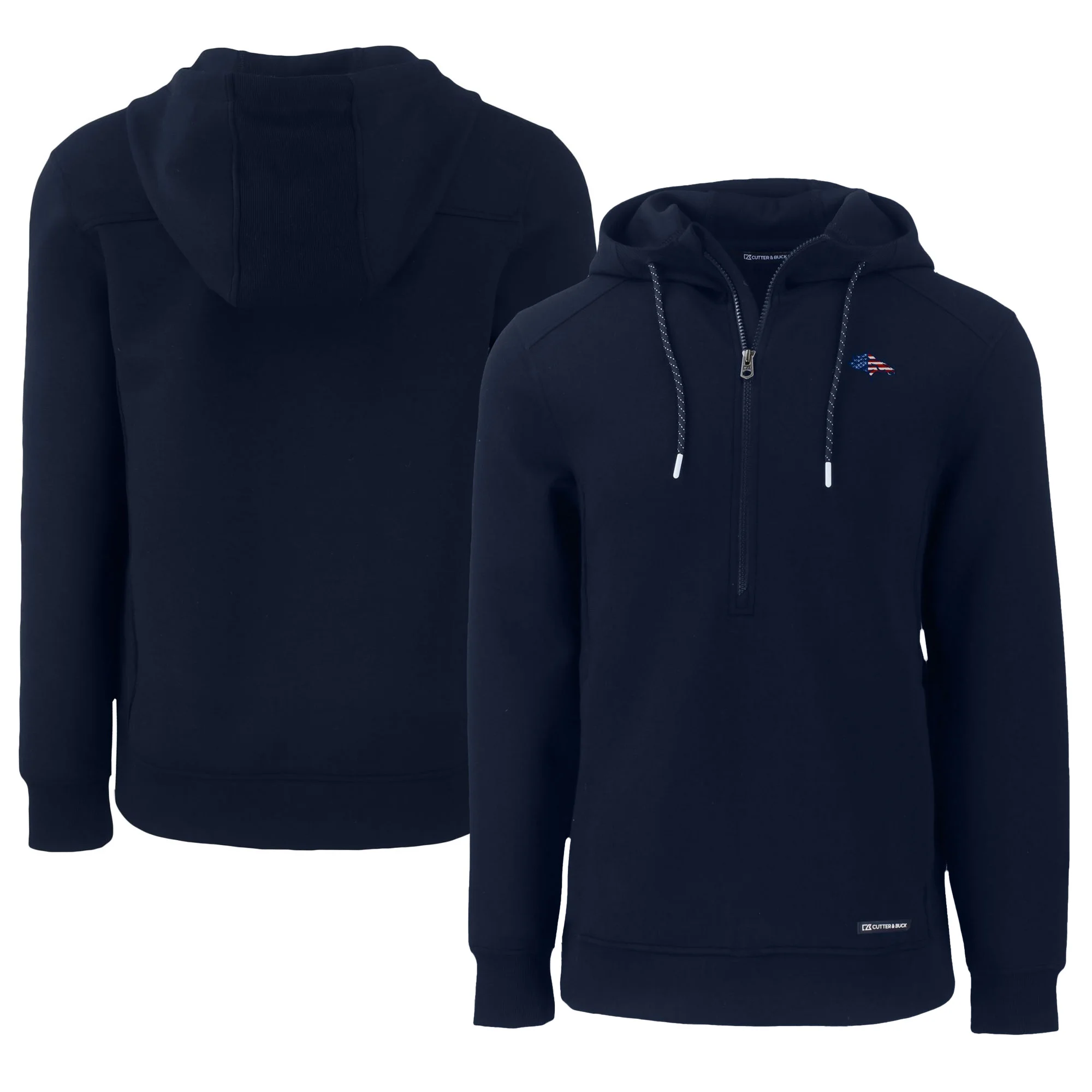 Men's Cutter & Buck Navy Denver Broncos  Americana Roam Eco Half-Zip Recycled Pullover Hoodie