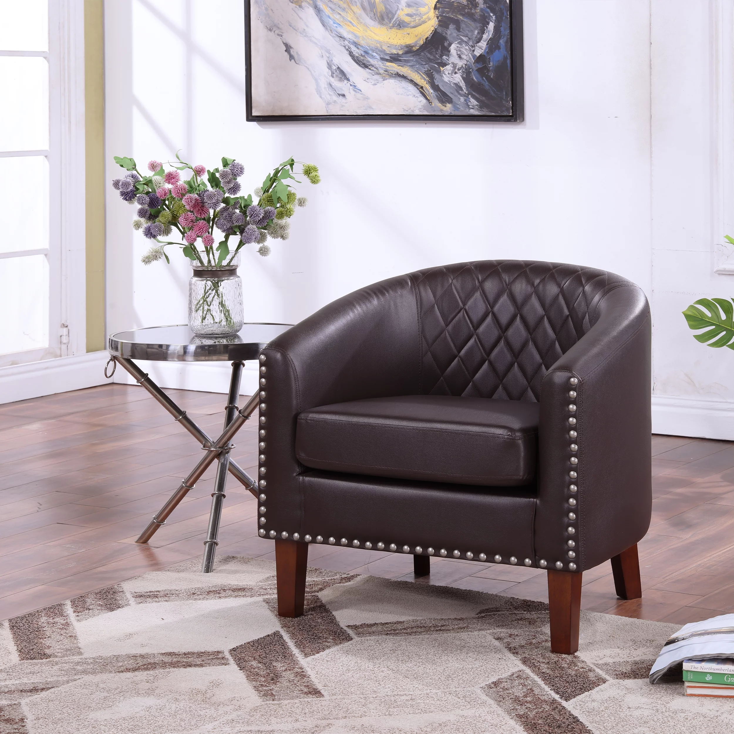 Prilinex Accent Chair, Faux Leather Barrel Chair Cozy Modern Club Chair with Soft Padded and Solid Wood Legs for Living Room/Bedroom/Study/Waiting Room, Brown