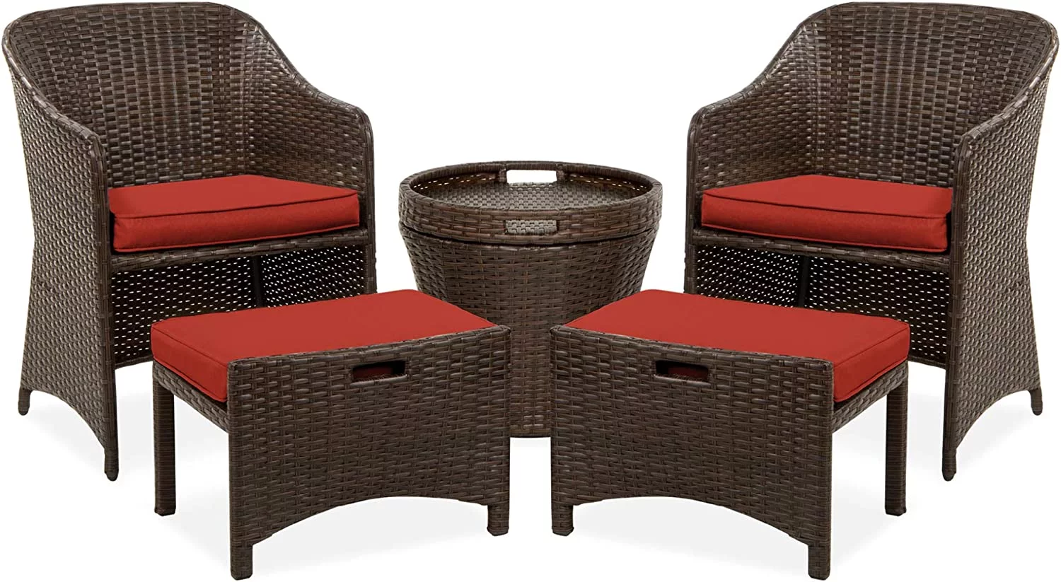5-Piece Outdoor Patio Furniture Set, No Assembly Required Wicker Conversation Bistro & Storage Table for Backyard, Porch, Balcony w/Space-Saving Design - Brown/Red