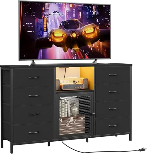 Black Dresser for Bedroom, 55 inch TV Stand with Charging Station & LED Lights, 8 Fabric Drawers with Solid Wood Top for Living Room, Closet