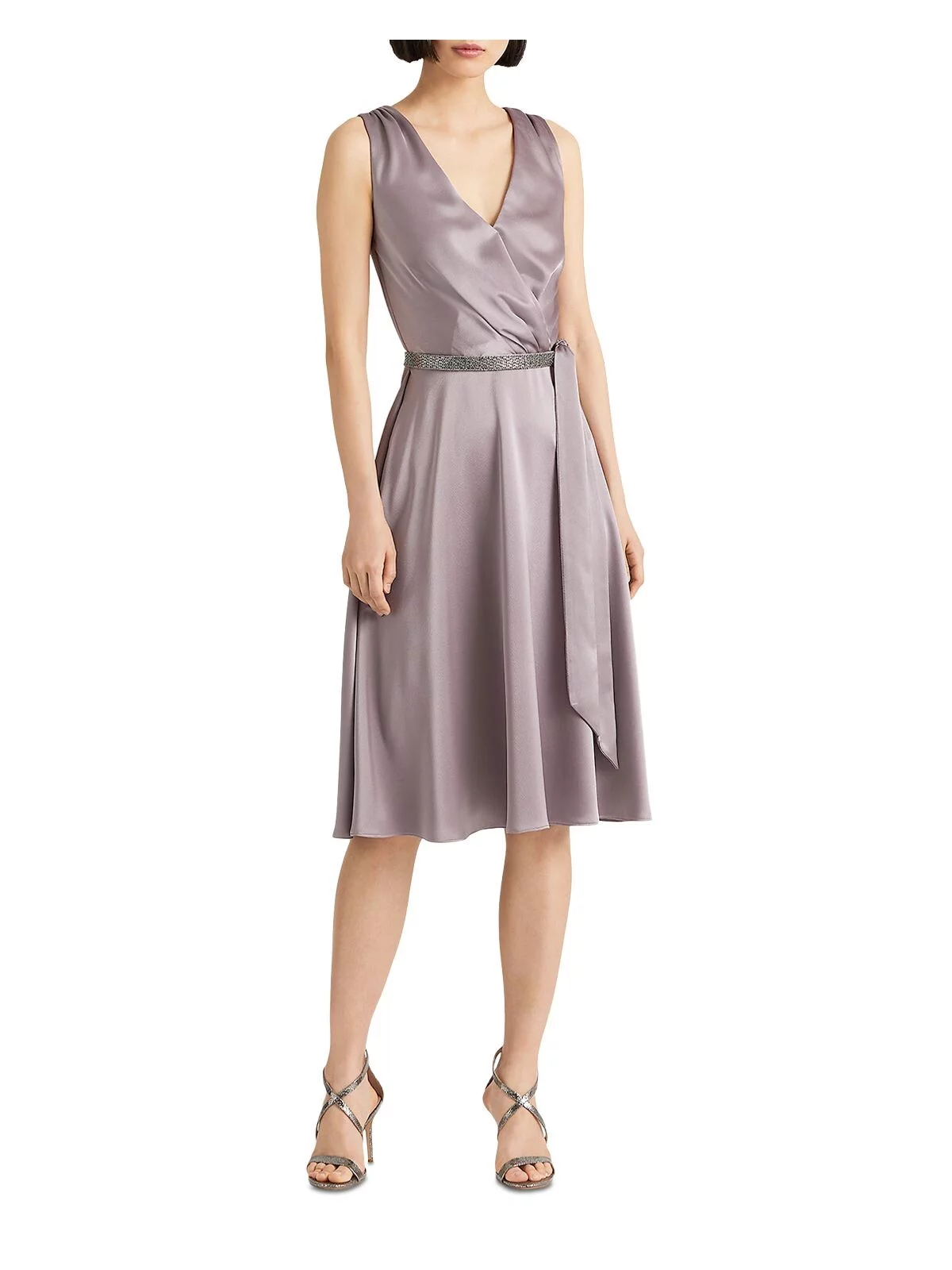 LAUREN RALPH LAUREN Womens Purple Zippered Pleated Crystal-embellished Tie Belt Sleeveless Surplice Neckline Below The Knee Cocktail Fit + Flare Dress 8
