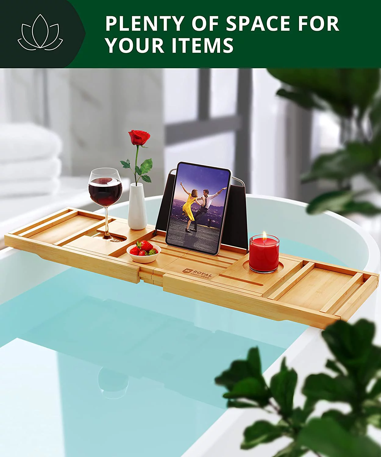 𝐋𝐮𝐱𝐮𝐫𝐲 Foldable Bathtub Caddy Tray, Bamboo Bath Caddy Natural Bathtub Tray Expandable, Bath Tub Table Caddy with Extending Sides SPA Bath Shelf - ROYAL CRAFT WOOD