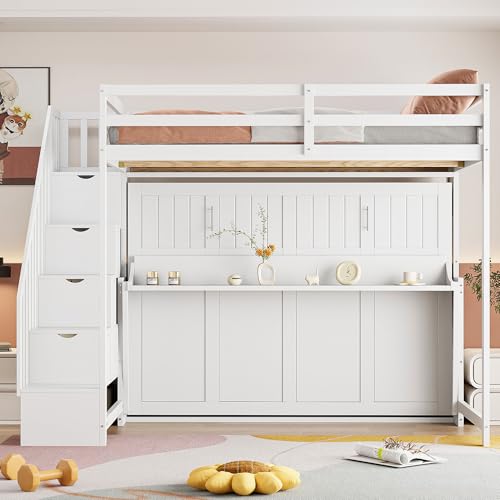 Full Murphy Bed with Stairs, Convertible Wall Bed Frame with Hydraulic Lift & Desk, Murphy Cabinet Beds with Upper Bed for Teens, Boys and Girls, No Box Spring Needed (Grey)