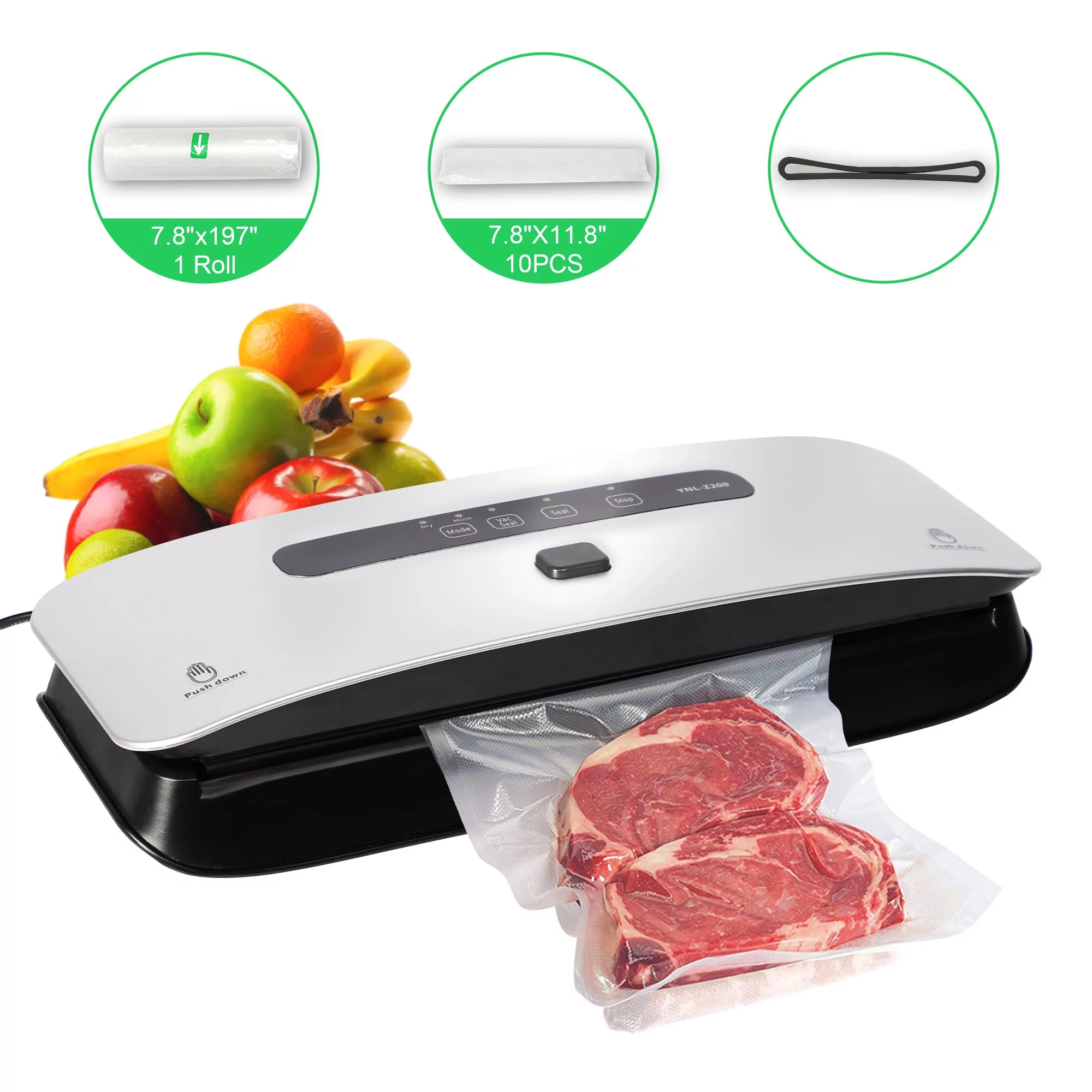 Food Vacuum Sealer Machine Strong Suction Power Dry and Moist Mode Starter Kit for Food Preservation and Sous Vide, Compact and Lightweight, 10 Vacuum Sealer Bags 1 Roll and 1 Sealing Ring Included