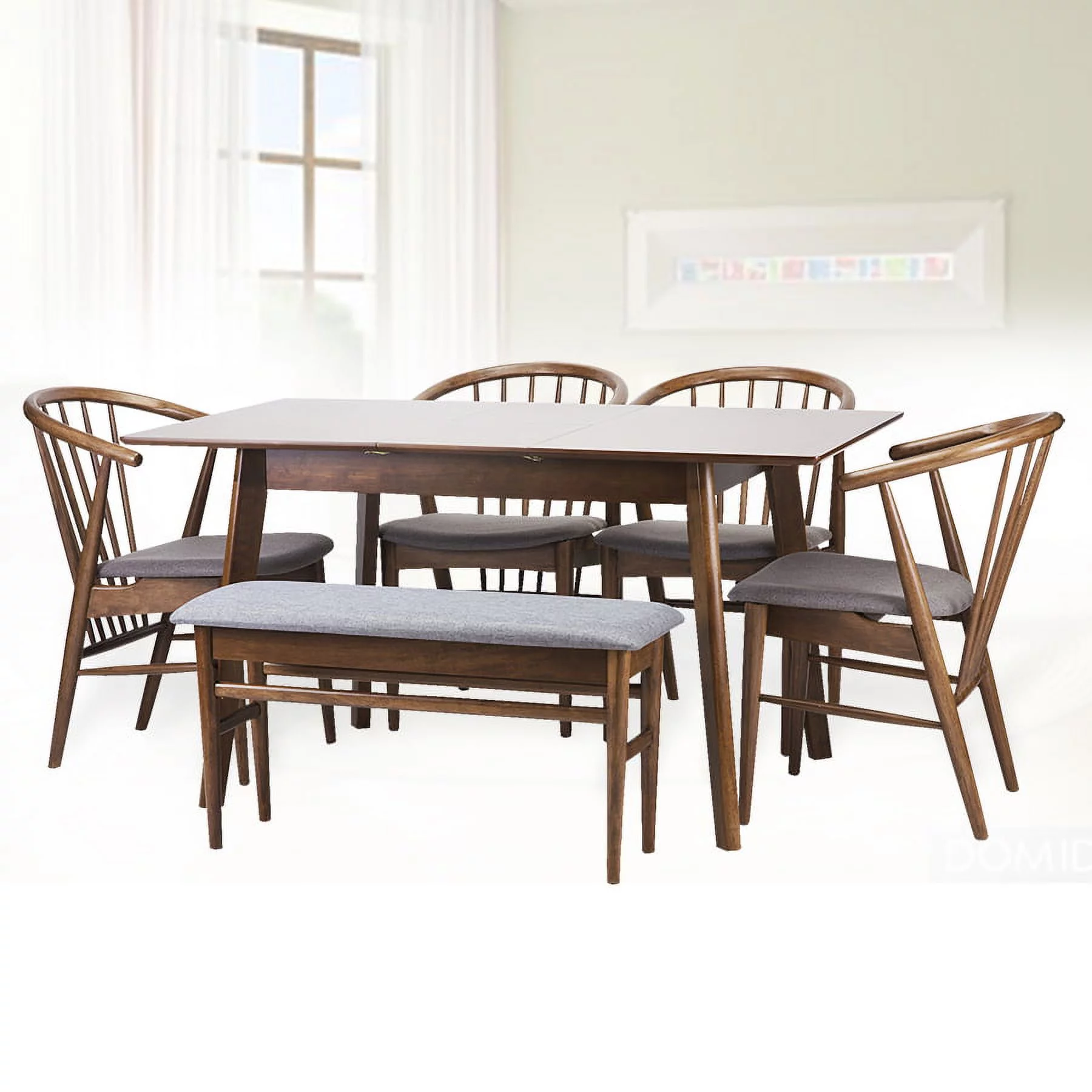 Dining Room Set of 6 Toby Chairs and Extendable Table Kitchen Modern Solid Wood w/Padded Seat Medium Brown Color with Light Gray Cushion