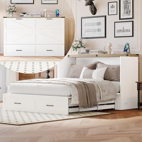 Queen Size Farmhouse Murphy Bed Cabinet with Charging Station, Foldable Platform Bed Frame with 2 Storage Drawers, Wooden Cube Wall Chest Bed for Guest-Room, Small Bedroom (Rustic Gray-02, Queen)