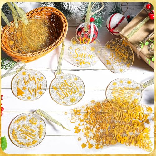 Blosssound Acrylic Christmas Tree Ornaments DIY Christmas Craft Kits Hanging Acrylic Xmas Ball Decorations with Stickers Ribbons for Winter Holiday Party Favors (Red,Cute)