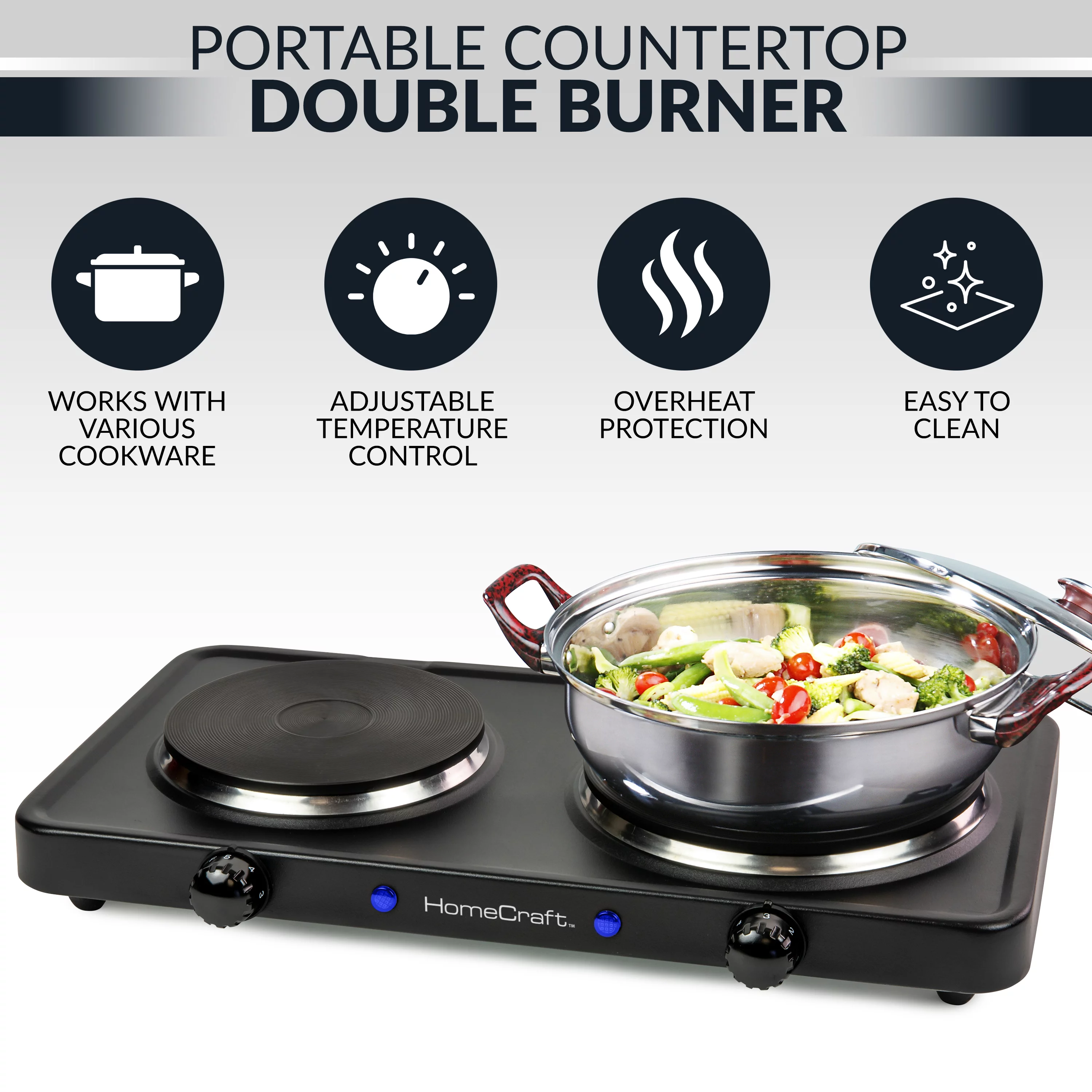 HomeCraft HCDB15BK Double Burner Hot Plate