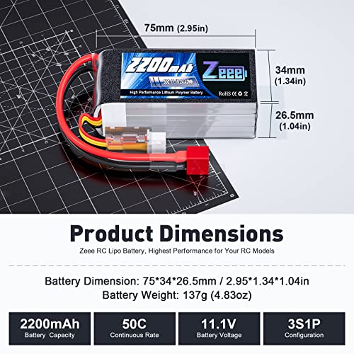 Zeee 3S Lipo Battery 2200mAh 11.1V 50C Shorty Pack Battery with T Connector for RC Car Truck Vehicles RC Boat RC Drone Airplane Quadcopter Helicopter FPV RC Hobby Models (2 Pack)