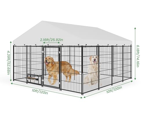 Outdoor Dog Kennel - 6.6 x 6.6 x 6.4 ft Outside Dog Kennel with Roof, Large Dog Outdoor Kennel with Rotating Feeding Bowls for Medium Small Dogs