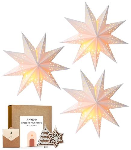 Paper Star Lantern 3PCS Christmas Paper Stars Lampshade 13.78 inch Hanging 3D Christmas Pentagram Lampshade 9 Points Lantern Foldable for Xmas Wedding decoración navideña